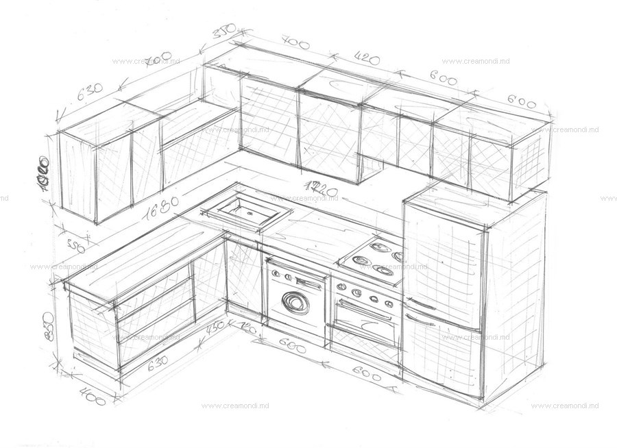 Угловая кухня с высокими подвесными шкафами.